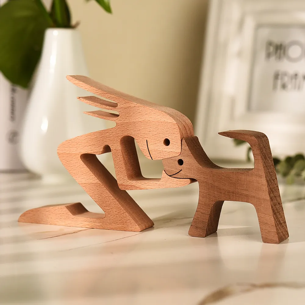 Famille Chiot En Bois Chien Artisanat Figurine Bureau Table Ornement Sculpture Sur Bois Modèle Creative Home Office Décoration Un Homme Et Chien 210318