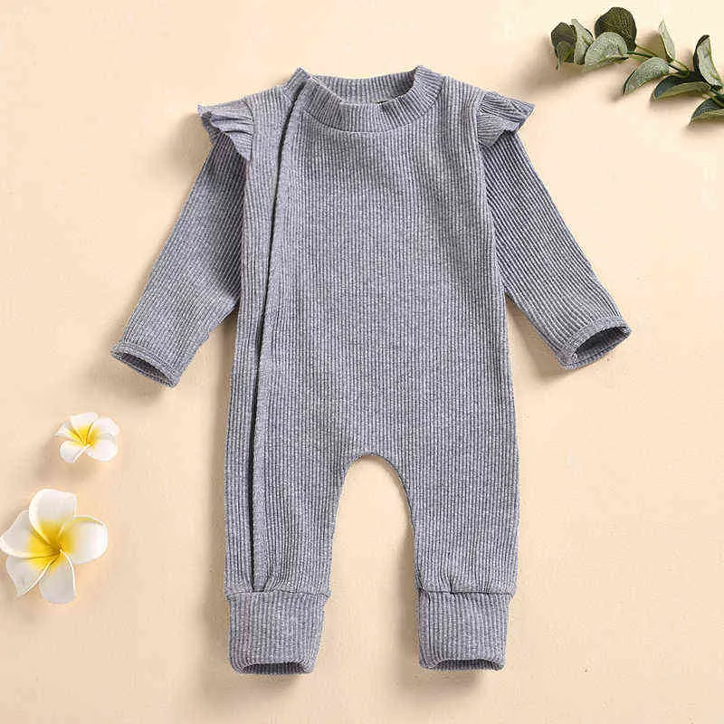 Lioraitiin 0-18m Nyfödd spädbarn Baby Boy Girl Zipper Romper Långärmad Jumpsuit Höst Färsk Fast färg G1221