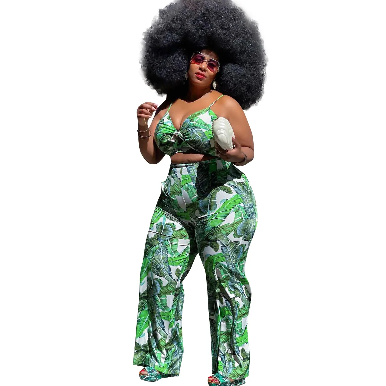 Neon Green Printed Sexy Two Piece Set For Women XL-4XL Crop Top Tee And Wide Leg Pants Trousers Wholesale Plus Size Clothing 210525