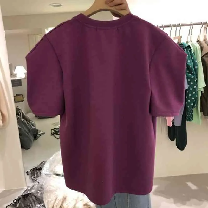 Korean Fashion Puff Sleeve O-neck Woman Tshirts Casual Loose O-neck Women Purple Tops Summer Short Sleeve Tee Ropa Mujer 210514
