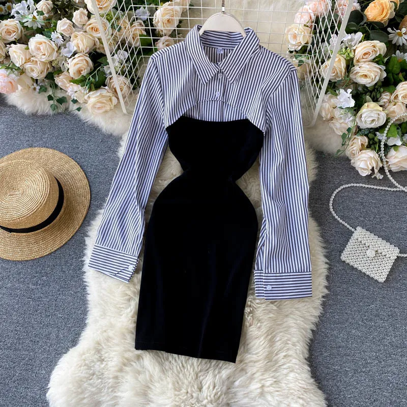 Женская весенняя осень платье корейский стиль полосатый контрастный цвет шить рубашка с длинным рукавом SLIM STORE ES GX542 210507