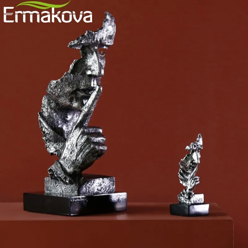 Ermakova abstrato silêncio é dourado estatueta 35cm resina mão rosto silencioso homem estátua escultura escritório em casa sala de estar decoração 22338