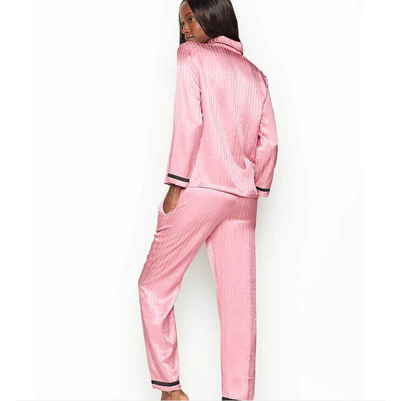 Moda Piżama dla Kobiet Lato Z Długim Rękawem Zastawny Loungewear Satin Silk PJS Zestawy Nosić 210809