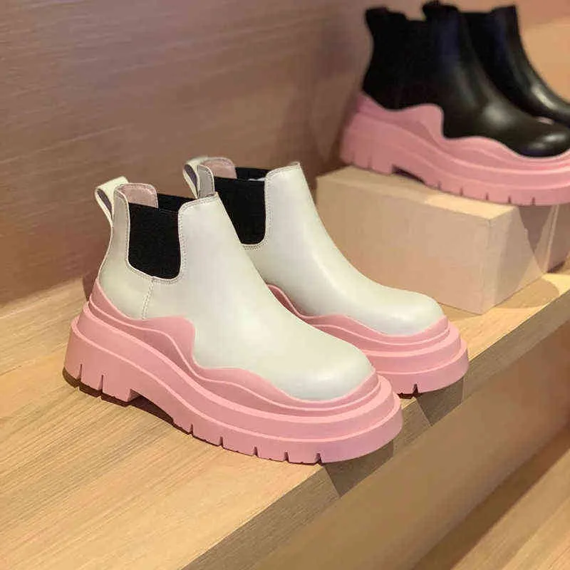 Boot kvinnor chelsea ko läder stövlar plattform höjd ökar riktig kvinna blandade färger äkta brittiska stil skor 220310