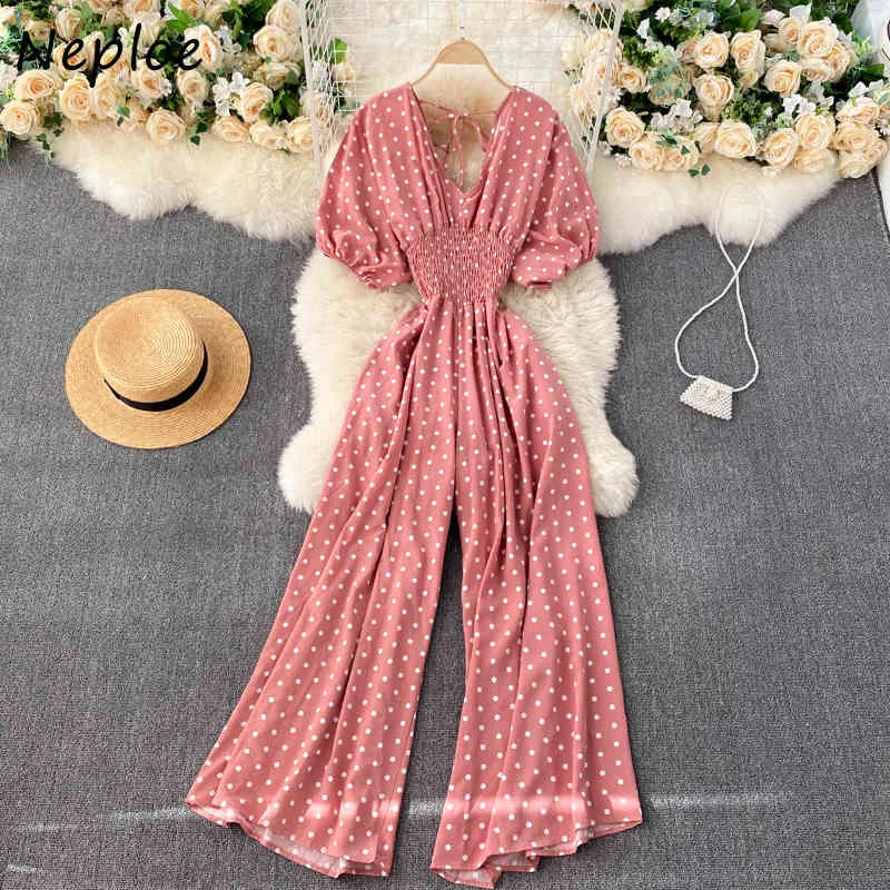 Neploe V Neck Puff Krótki rękaw Kombinezony Kobiety Wysoka Talia Hip Szerokie Body Nogi Femme wakacje Czeski Dot Szata Lato 210423