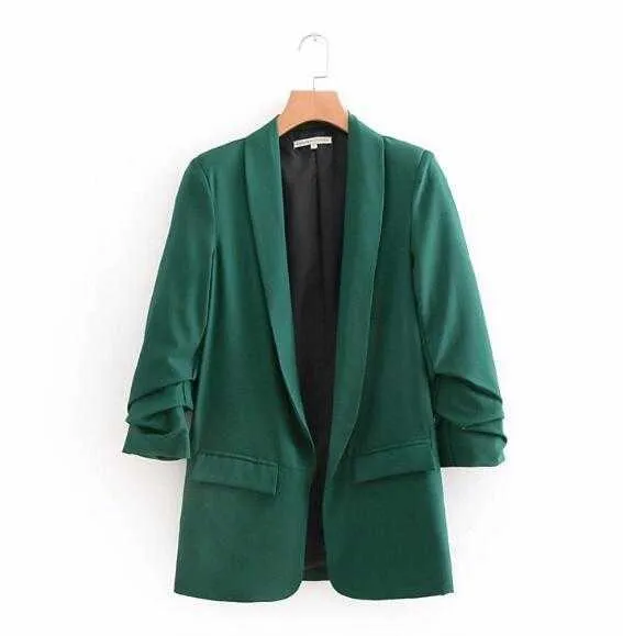 Blazer medio lungo con polsini increspati tinta unita Chic Candy con fodera Donna Collo a scialle Abito slim fit Giacca casual Cappotto Capispalla 211019