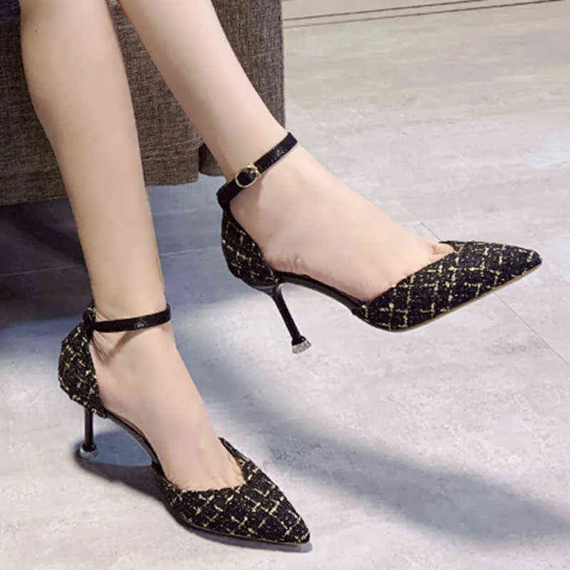 Scarpe eleganti Sand￡lias femininas de ver￣o xadrez traje tweed salto alto tira de tornozelo sapatos de festa femininos sexy 7919n 220309