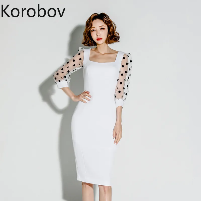 Korobov Yaz Yeni Tridal Polka Dot Mesh Patchwork Kısa Kollu Elbise Kore Zarif Ince Örme Elbiseler OL Vestidos Mujer 210430