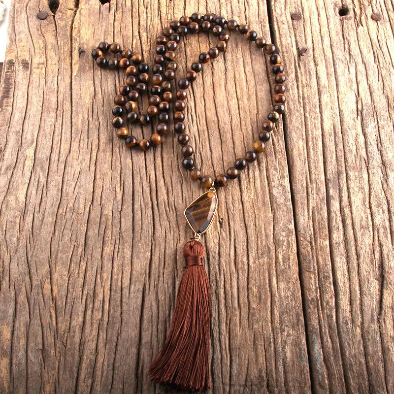 Fashion Bohemian Jewelry Stones Knotted Stone Links Tassel Necklaces For Women Boho Jewelryes Lariat Necklace Pendant274D