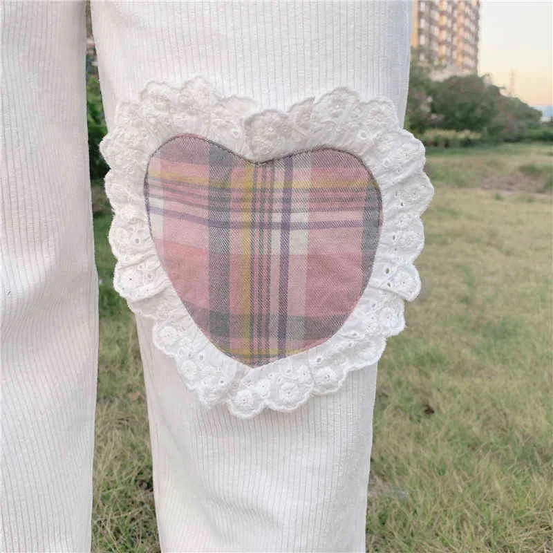 Giapponese Harajuku Wild Cute Soft sorella Casual velluto a coste Pantaloni dritti Kawaii Teen Girls Love Heart Patch Pantaloni larghi studenti 211112