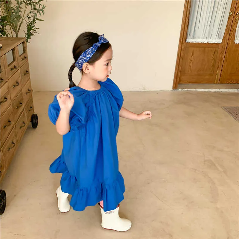 Sommermode Mädchen blau Freizeitkleider koreanischen Stil Rüschen Kinder weiche lose lange Stil Kleid 1-6Y Q0716