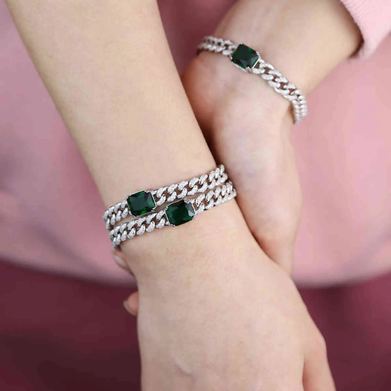 Baguette verde piedra grande micro pavé cz pulsera de cadena de eslabones cubanos 16 cm 17 cm joyería de moda para mujer 211124