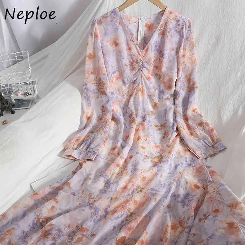 Neploe Vintage Print Bohemian Langes Kleid Frauen V-ausschnitt Drapiertes Design Langarm Vestidos Frühling Temperament Robe 210510