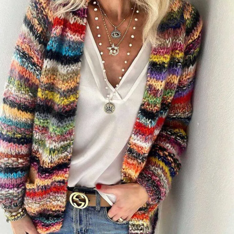 Женщины элегантные многоцветные печати вязаные кардиганы свитер осень зима длинные рукава пальто топы дамы повседневные карманные свитеры 211018
