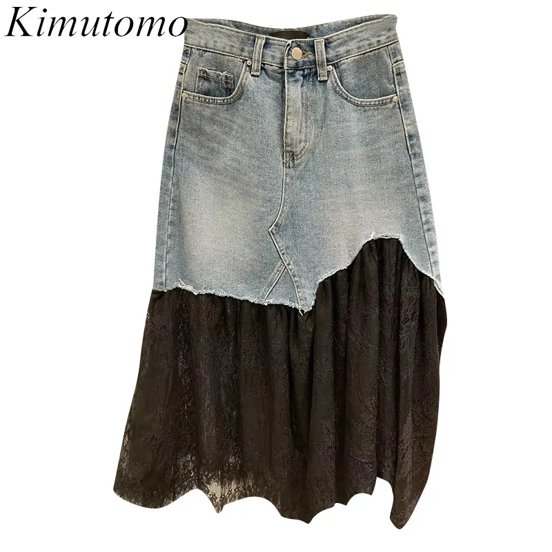 Kimutomo femmes jean Patchwork maille jupes printemps automne Chic mode femme taille haute poches sauvage a-ligne jupe 210521