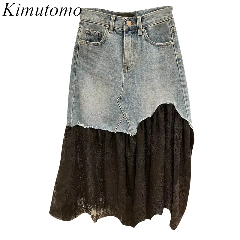 Kimutomo Women Jeans Patchwork Mesh Skirts Spring Autumn Chic Fashion Female High Waist Pockets Wild A-line Skirt 210521