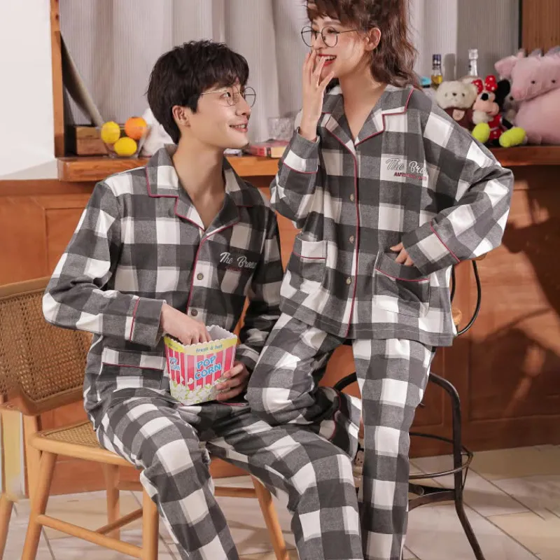 Couple Pyjamas Set Plaid Vêtements de nuit Automne Hiver Coton Pyjama Costume Femmes Hommes À Manches Longues Pijama Lovers Night Wear Bouton 210320