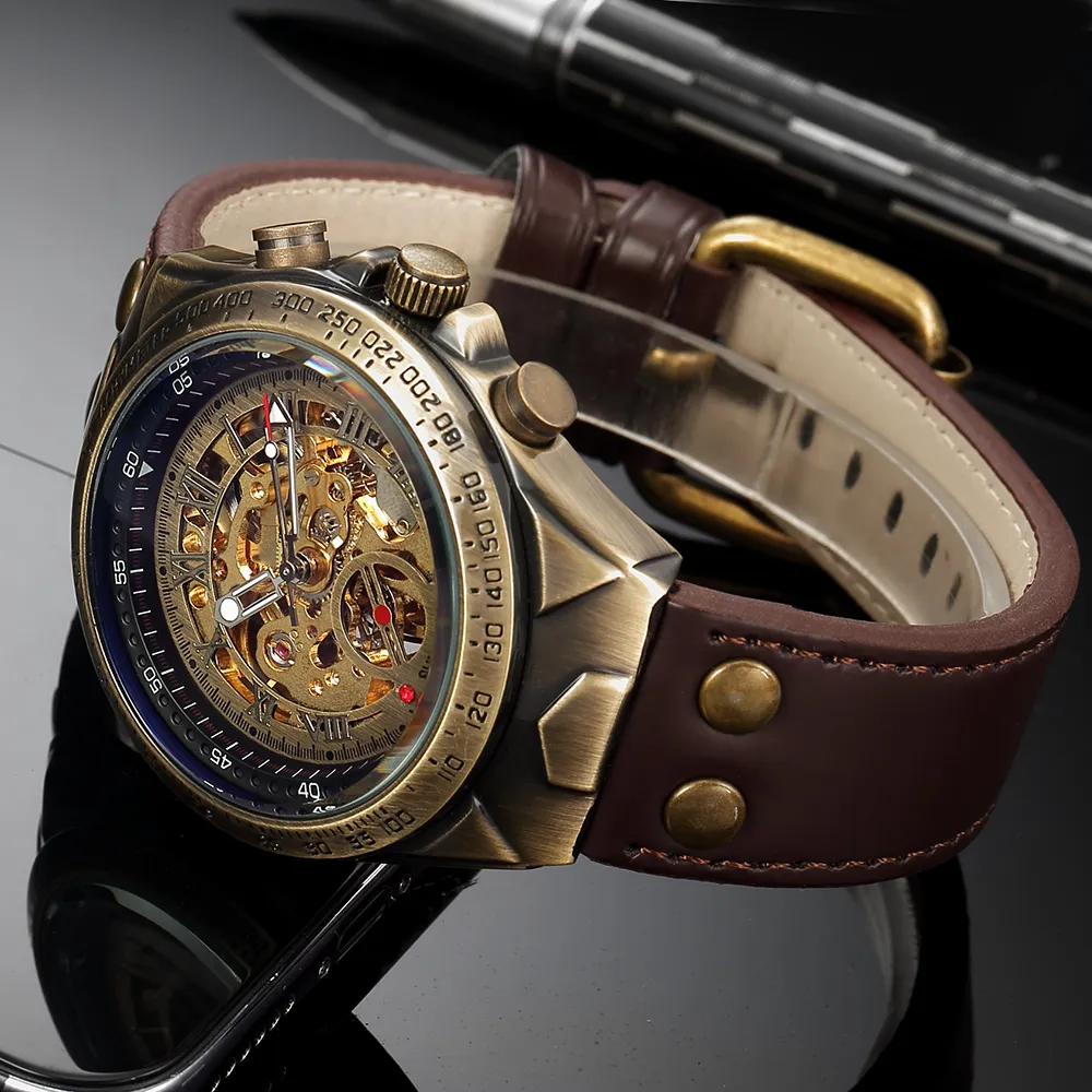 Leather Mechanical Watch Men Automatic Steampunk Watch Mens Skeleton Watches Bronze Transparent Vintage Sport Wristwatch Male254w