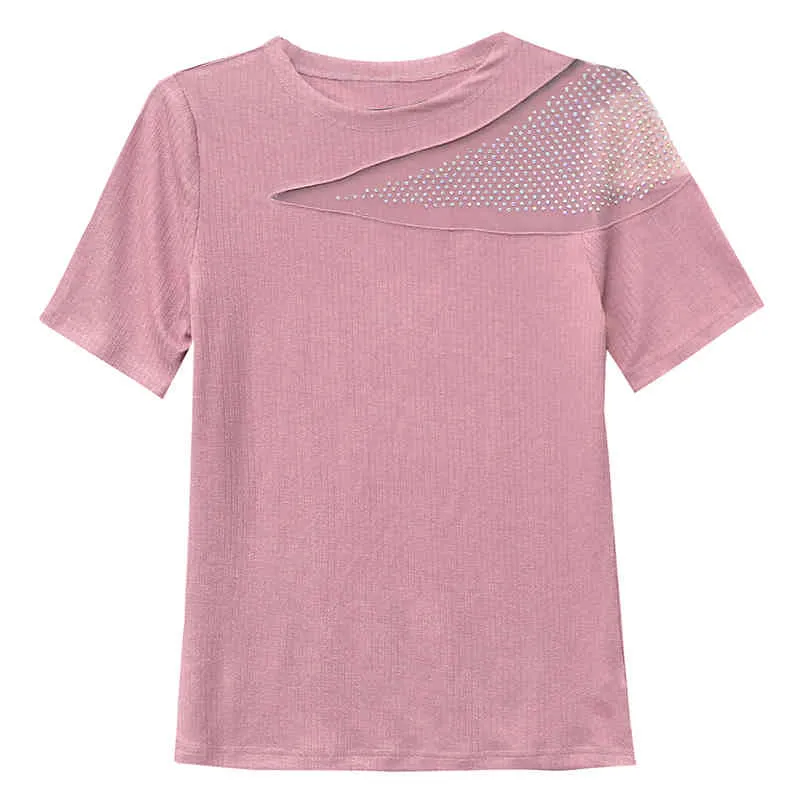 Été clouté tricoté basique solide T-shirt femmes décontracté coton à manches courtes maille t-shirts femmes hauts T05606B 210421