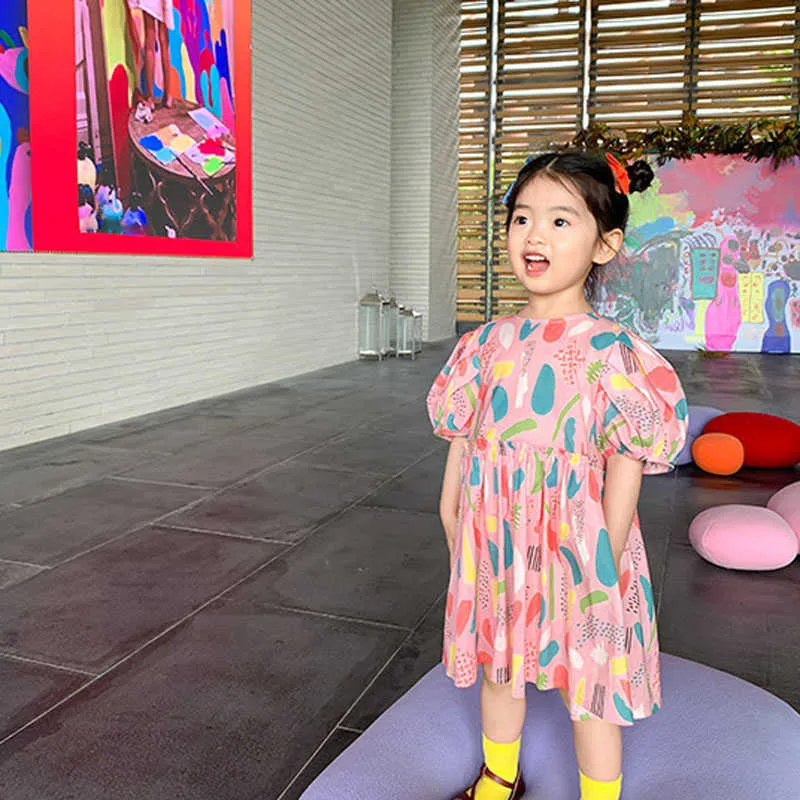 Summer Girls Robe Style coréen Sweet Polka Dot Sleeveff Mignon Graffiti Bébé Vêtements Enfants Vêtements pour enfants 210625
