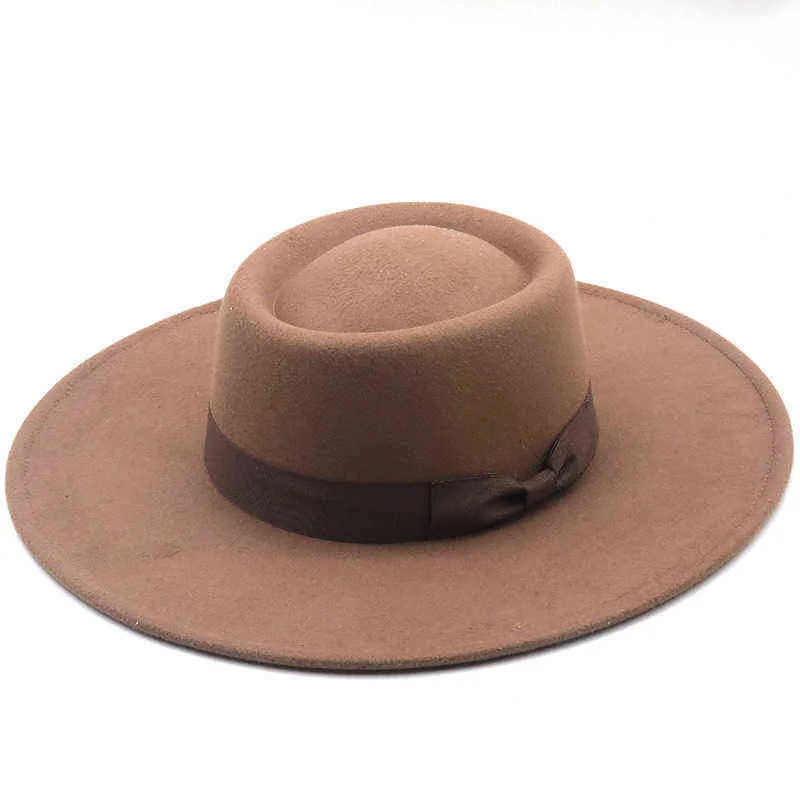 Cor sólida Outono inverno moda lã simples redonda plana top vintage largo fedoras chapéus para mulheres borda cadeia fita 211227