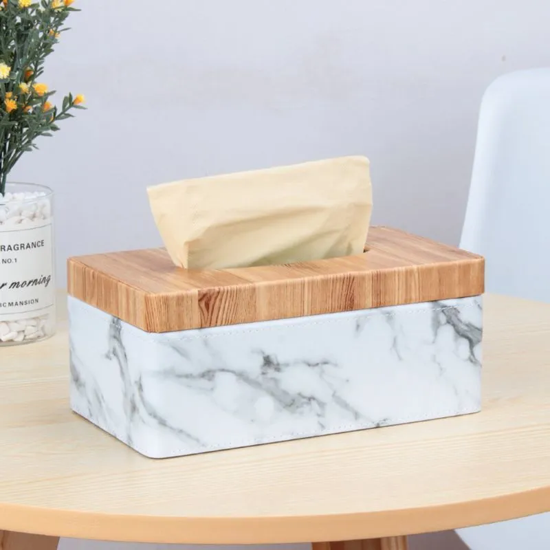 Rectangular Marble PU Leather Facial Grain Tissue Box Cover Napkin Holder Paper Towel Dispenser Container for Home Office Decor 210326