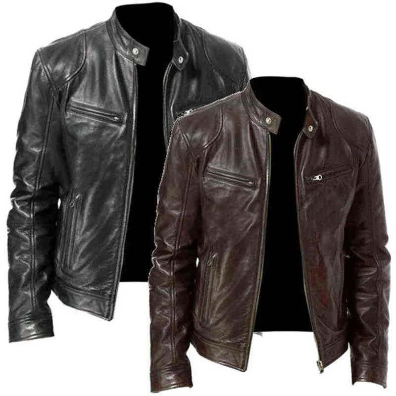 Höst manlig läderjacka plus storlek svart brun man står krage coats biker s motorcykel 211217