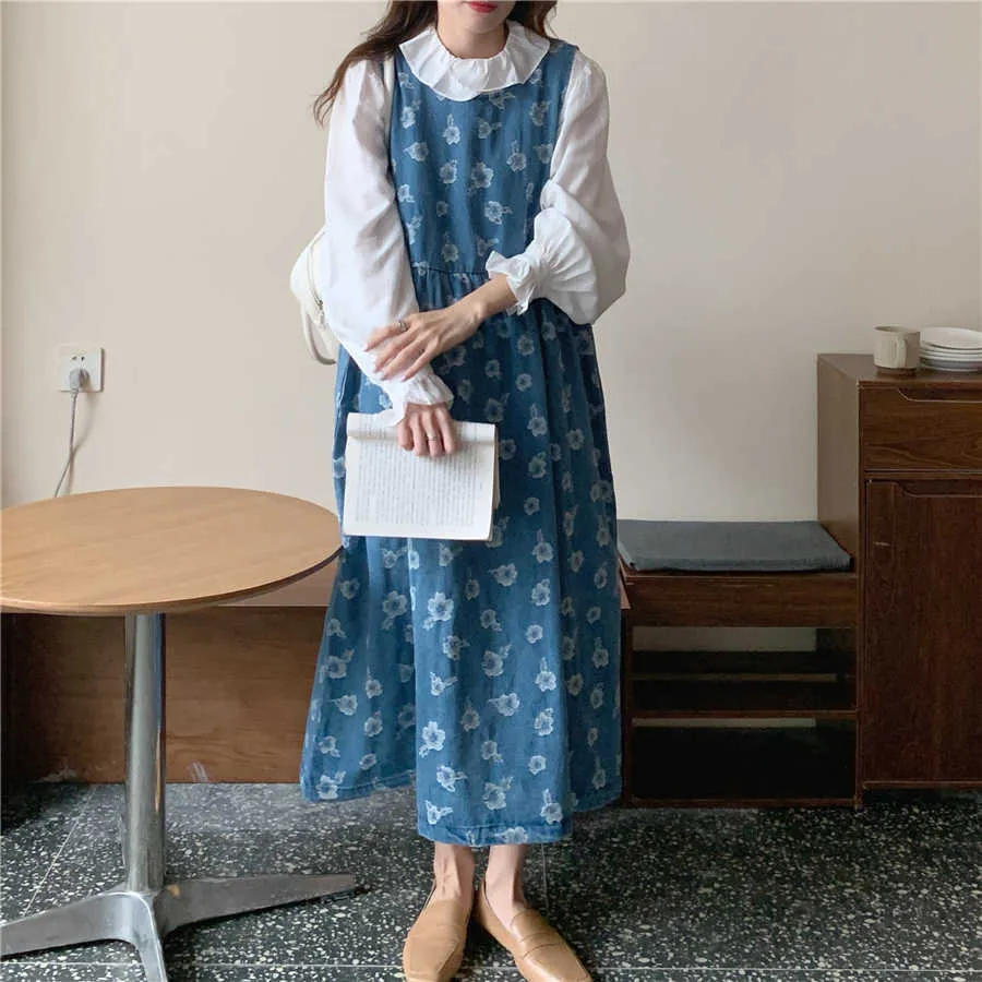 Korejpaa mulheres vestido conjuntos coreano elegante boneca colarinho plissado camisa de mangas compridas e azul solto Denim Skirt Skirt 210526