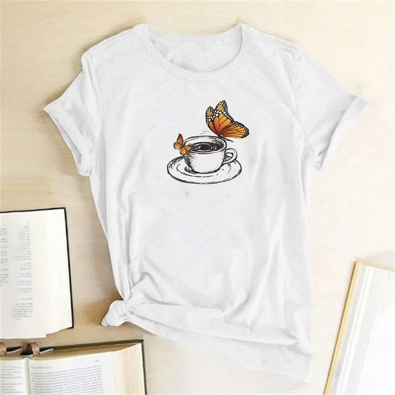Farfalla e tazza di caffè grafico tee estate moda 100% cotone stile stile arte disegno kawaii carino donne tee t-shirt 210518