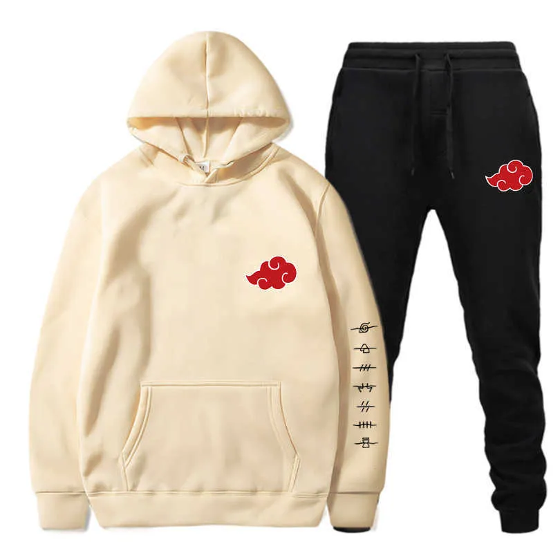 Nya 2 stycken Akatsuki moln symboler Skriv ut Hoodies + Byxor Tracksuit Män Kvinnor Sweatshirt Streetwear Pullover sudaderas y0831