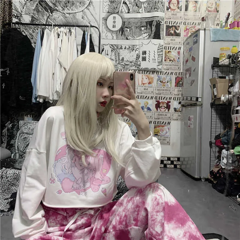 Harajuku kawaii simpatico cartone animato anime girl t-shirt stampata manica lunga magliette bianche donna dolce top pullover larghi vestiti donna 210819
