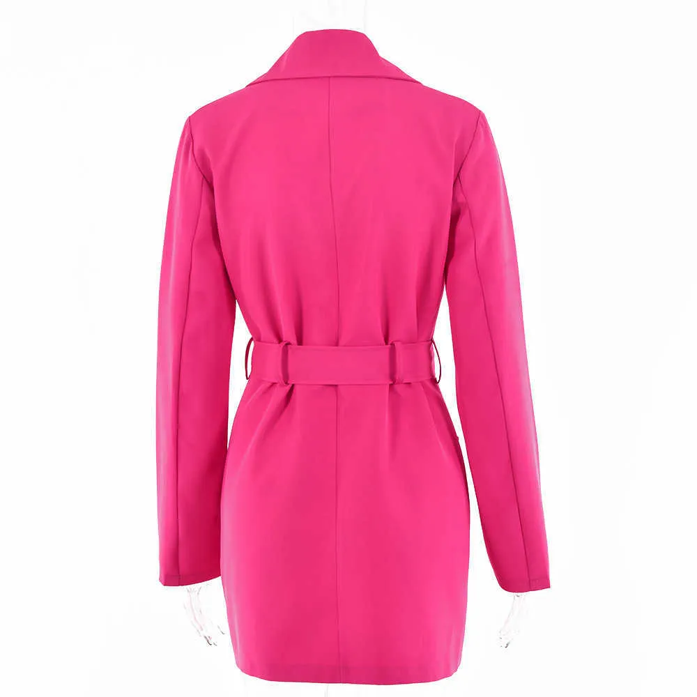春のブレザーのドレスタランダウンカラーベルトコートカジュアルな女性ピンクの長袖ポケットジャケットシングルスーツ女性服211006