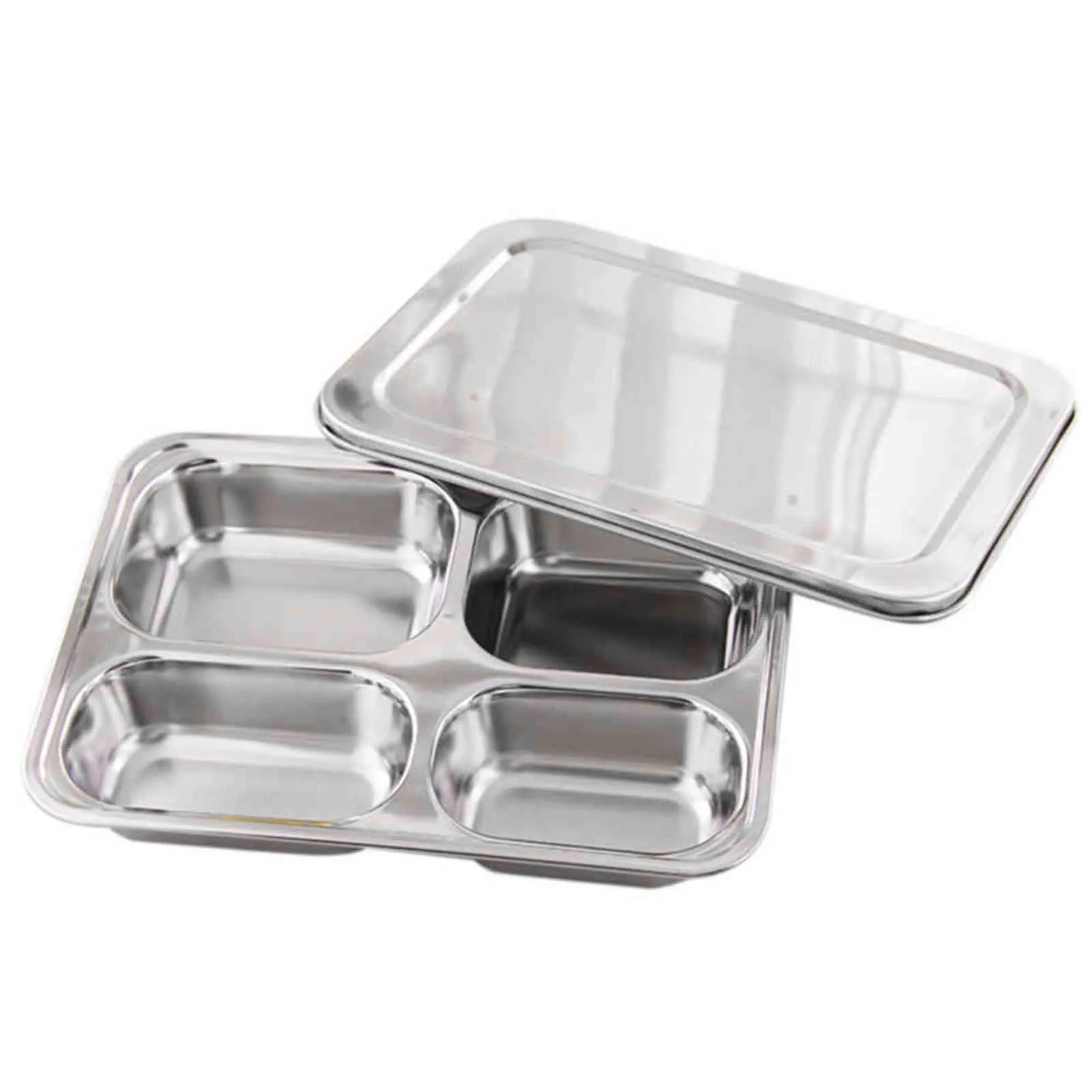 Plateau de récipients de nourriture de plaque d'acier inoxydable avec des compartiments Sliver Bento Lunch Boxs avec le couvercle pour la vaisselle de restaurant de cantine 211108