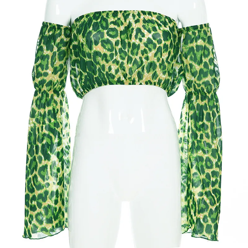 Outono Off Ombro Crop Top T Camiseta Venda Manga Longa Natureza Verde Leopardo Imprimir Curto Cropped Camisetas Roupas 210517