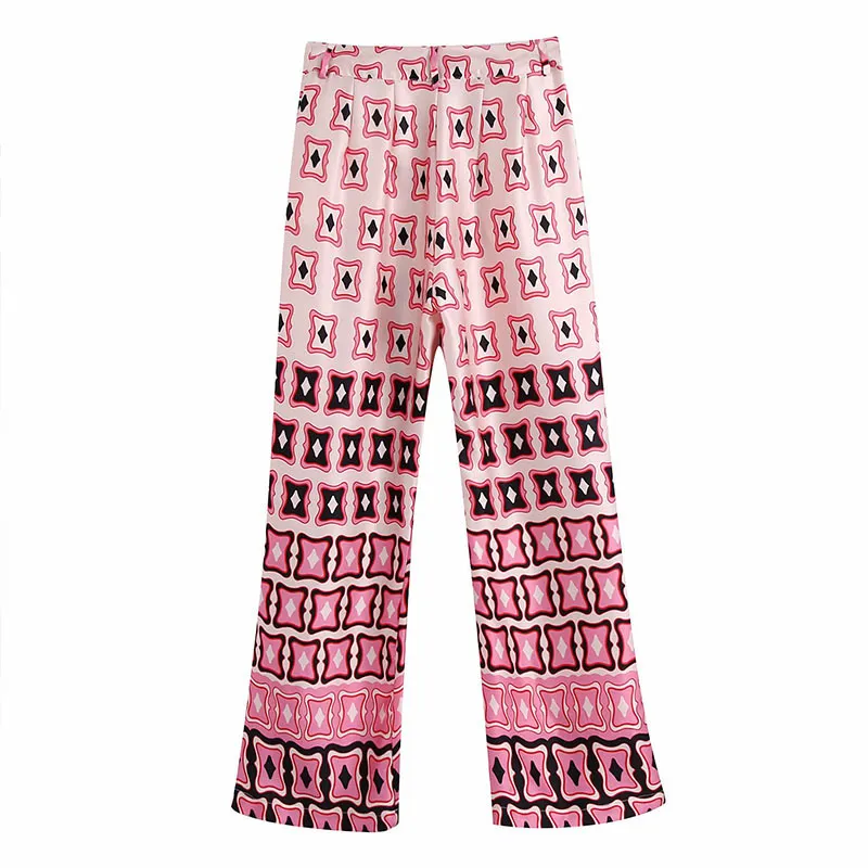 Women Summer Casual Flare Pants ZA Geometric Print Pockets Female Fashion Street Trousers Clothing 210513