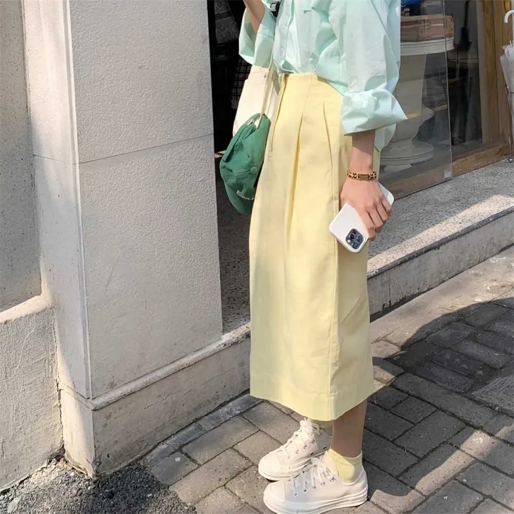 Wysokie talię zamek błyskawiczny Korea Zakryj żółtą długą spódnicę wiosną lato bawełniany dziki pączku spódnica żeńska moda streetwear dla nastolatków 210619