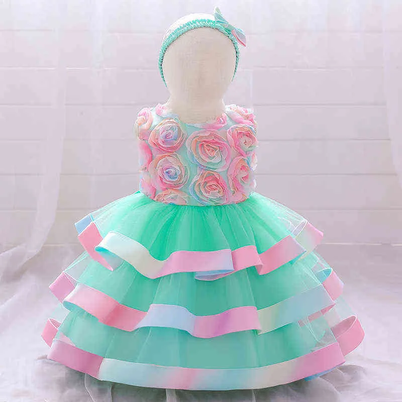 2021 Avec bandeau Colorfu Baptême 1er anniversaire Robe pour bébé fille Cérémonie Fleur Princesse Robes Robe de soirée Vêtements pour enfants G1129