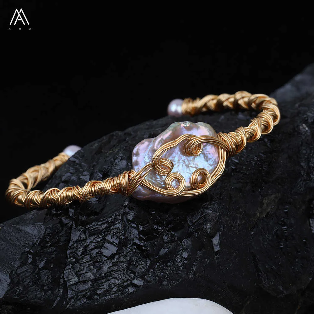 Trendy Irregular Baroque Freshwater Pearl Bangles,pearl Wire Wrapped Gold Copper Bangles for Women Jewelry Handmade Tsmn-03amcj Q0717
