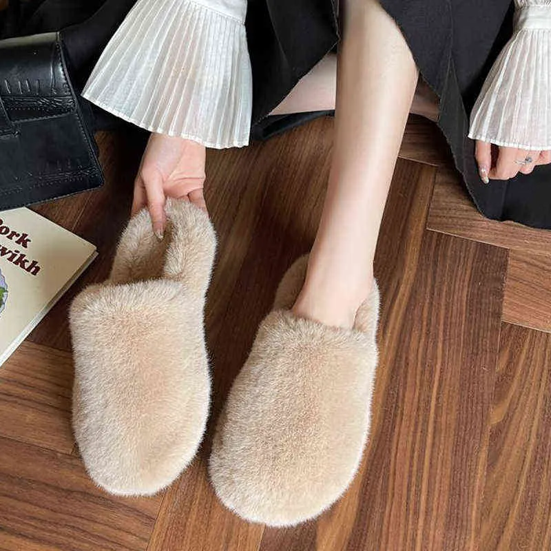 2022 Mode Pantoufles Moelleuses Hiver Femmes Pantoufles Bout Fermé Pantoufles En Peluche Couleur Unie Maison Chaude Diapositives Chaussures De Sol Intérieur W220218