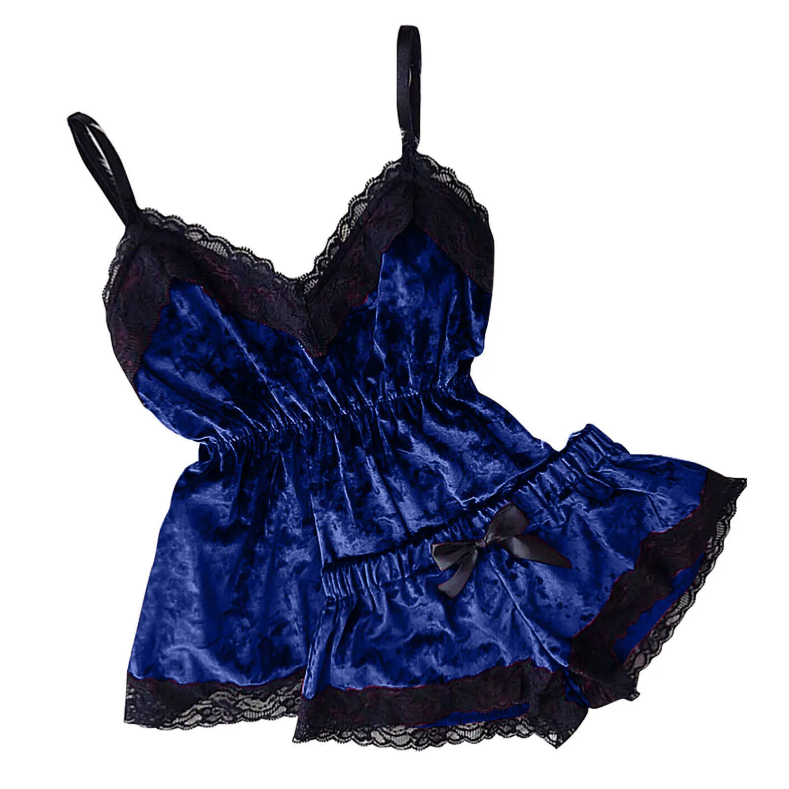 Kvinnors Bekväm Polyester Lace Suspender Suede Shorts Set V-Neck Eyelash Lace Sexig färgning Vest Pajamas Bow F Q0706