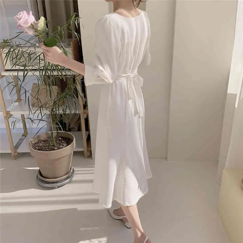 Summer Elegant Women's Midi Dress Half Sleeve Solid Korean Style Lace Up Sqaure Neck Office Straight Dresses 210428