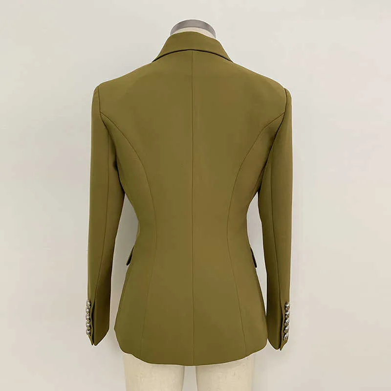 Классические высококлассные дамы Blazer осень и зимний поворот тонкий с длинными рукавами женские куртки костюм армии зеленый двойной грудью 210527