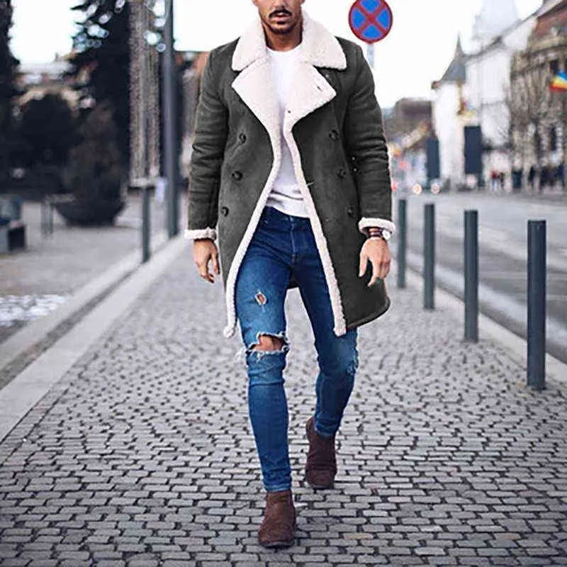 Jesień Moda Solid Composite Suede Płaszcze Mężczyźni Zima Szczupła Ciepła Pojedyncza Kurtka Casual Turn-Down Streetwear 211214