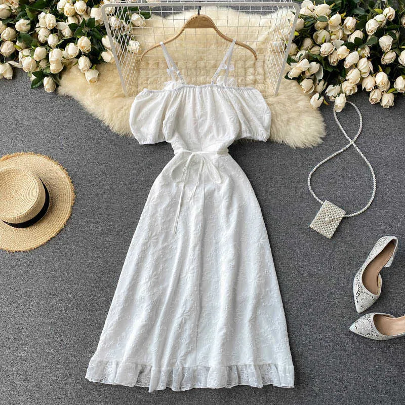 Summer Sexy Spaghetti Strap Midi Dress Women White Short Puff Sleeve High Waist Off Shoulder Vestidos Female Beach Party Robe Y0603