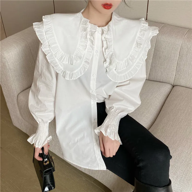 Japan Style Ruffles Peter Pan Collar Top Camisa Plus Size Primavera Abbigliamento donna Camicette Moda Camicie bianche 210510