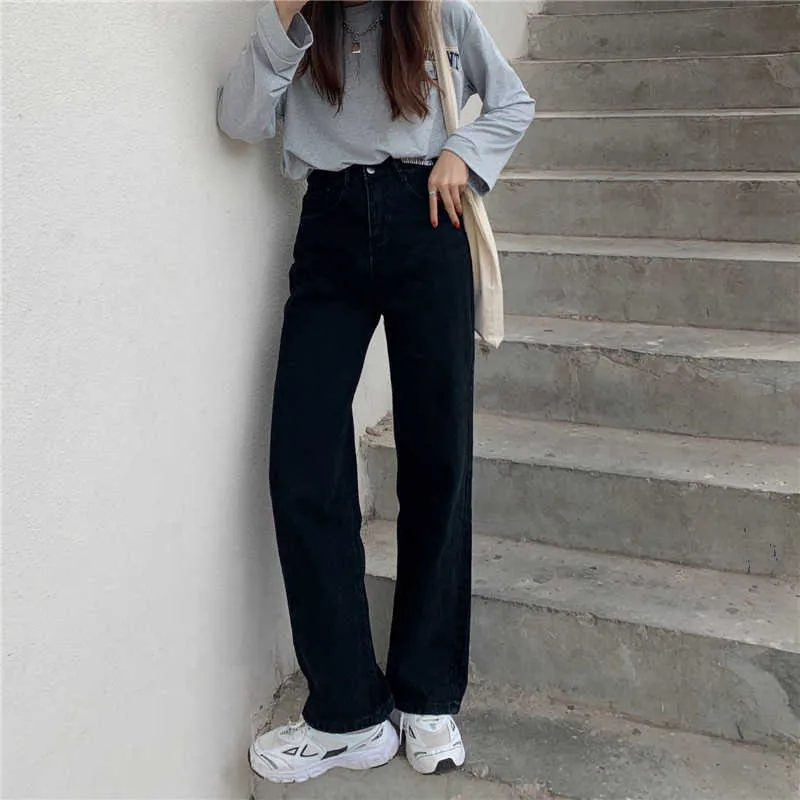 Höst High Waist Wide Leg Jeans Kvinnors Straight and Thin Loose Vintage Black Pants Casual Denim Long Jean Pant för Girls 210922