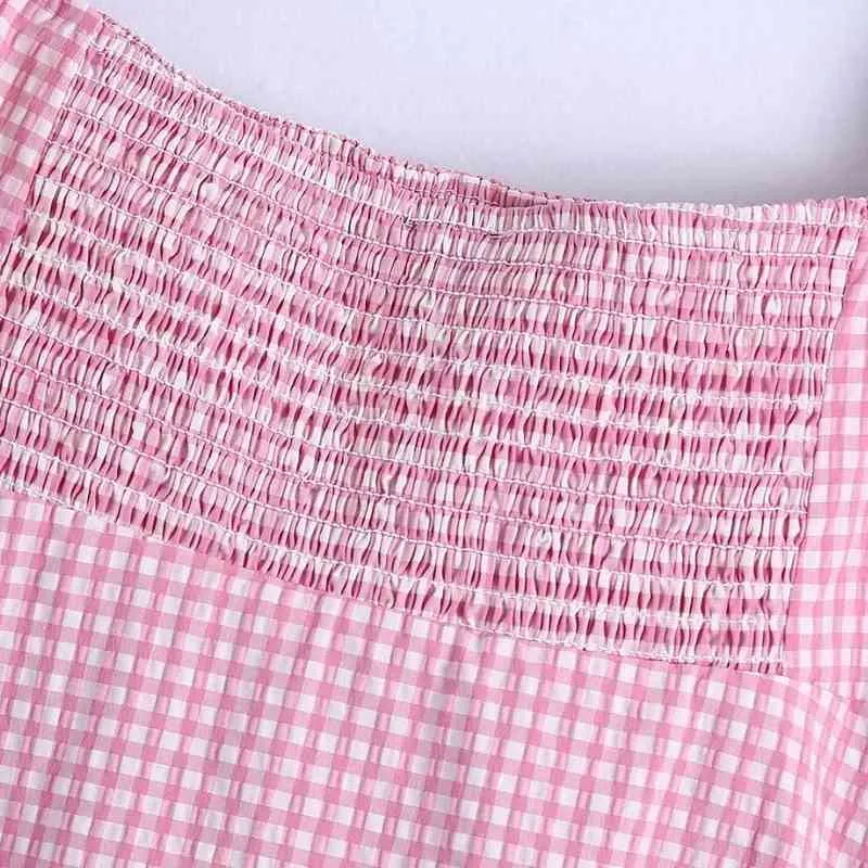 Sommar kvinnor fyrkantig krage puff ärm rosa plaid mini klänning kvinnlig kläder casual lady lös vestido d7562 210430