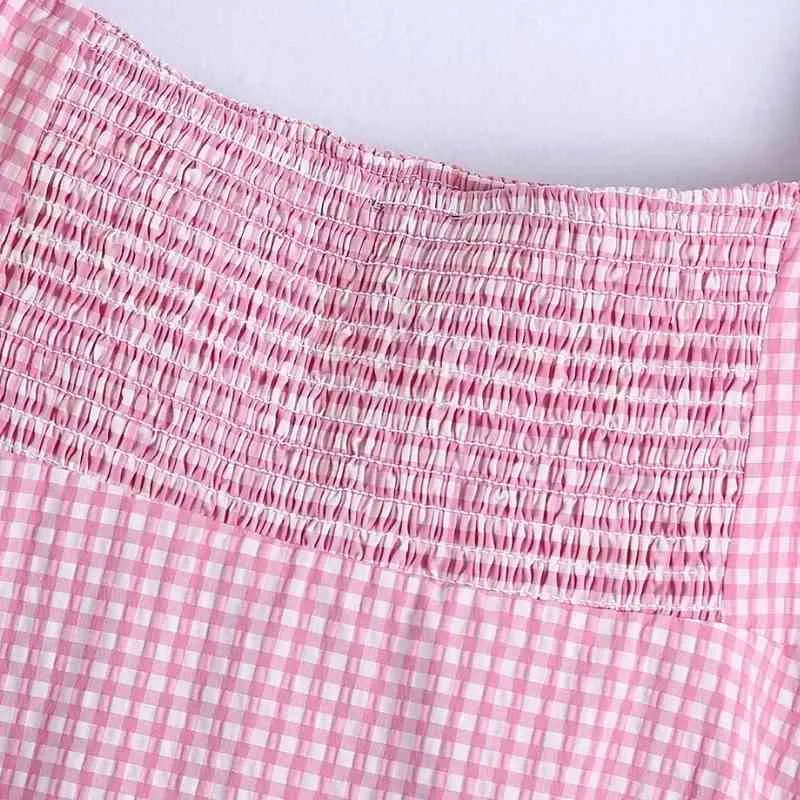 Zomer vrouwen vierkante kraag bladerdeeg mouw roze plaid mini jurk vrouwelijke kleding casual dame losse vestido D7562 210430