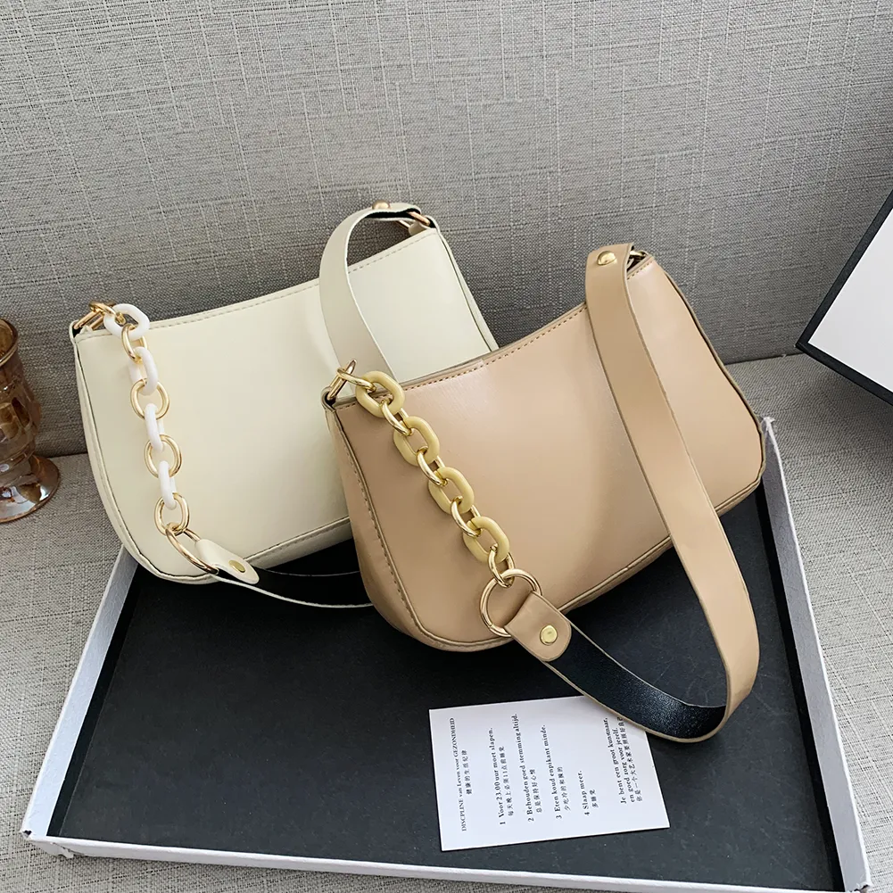 Women Simple Pure Color Fashion PU Leather Shoulder Underarm Bags Casual Solid Chain Small Handbags Ladies Daily Shoulder Bags