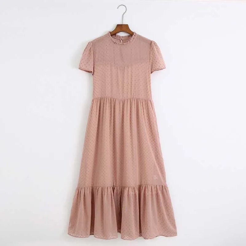 Women Dresses With Lining Fashion Flocking Polka Dots Short Sleeve Chiffon Material Female Summer Long Dress 210602
